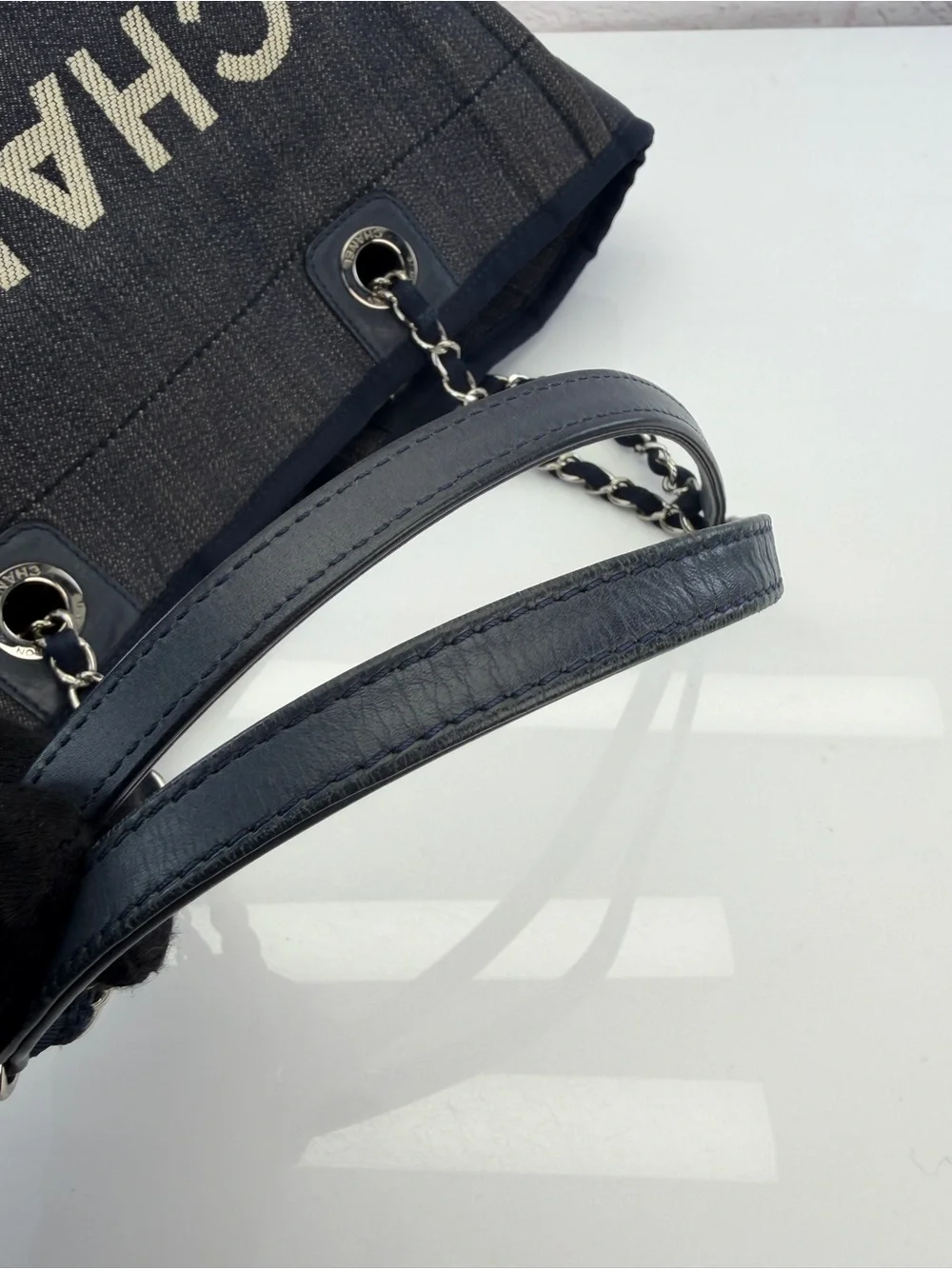 Chanel Dark Blue Denim Deauville Medium Tote Bag
